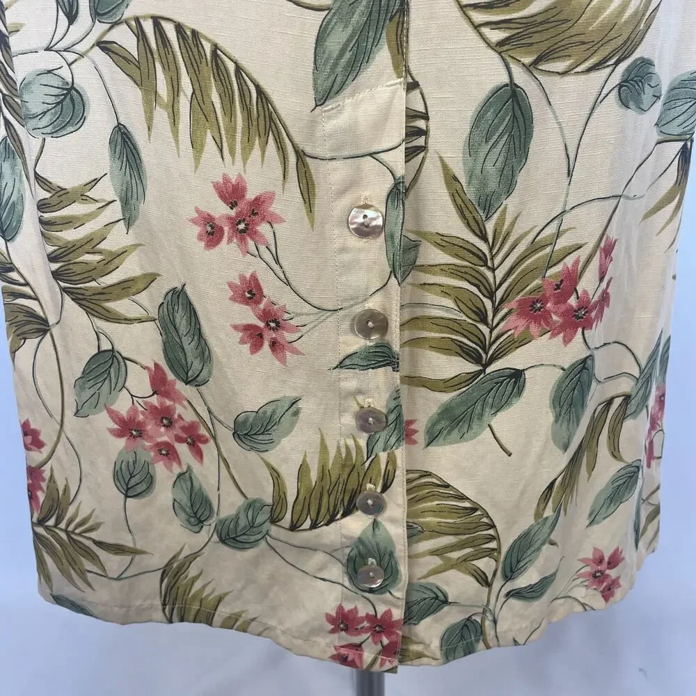 Vintage Midi Skirt Size Small Cream Yellow Floral Print Tropical Boho Linen 90s